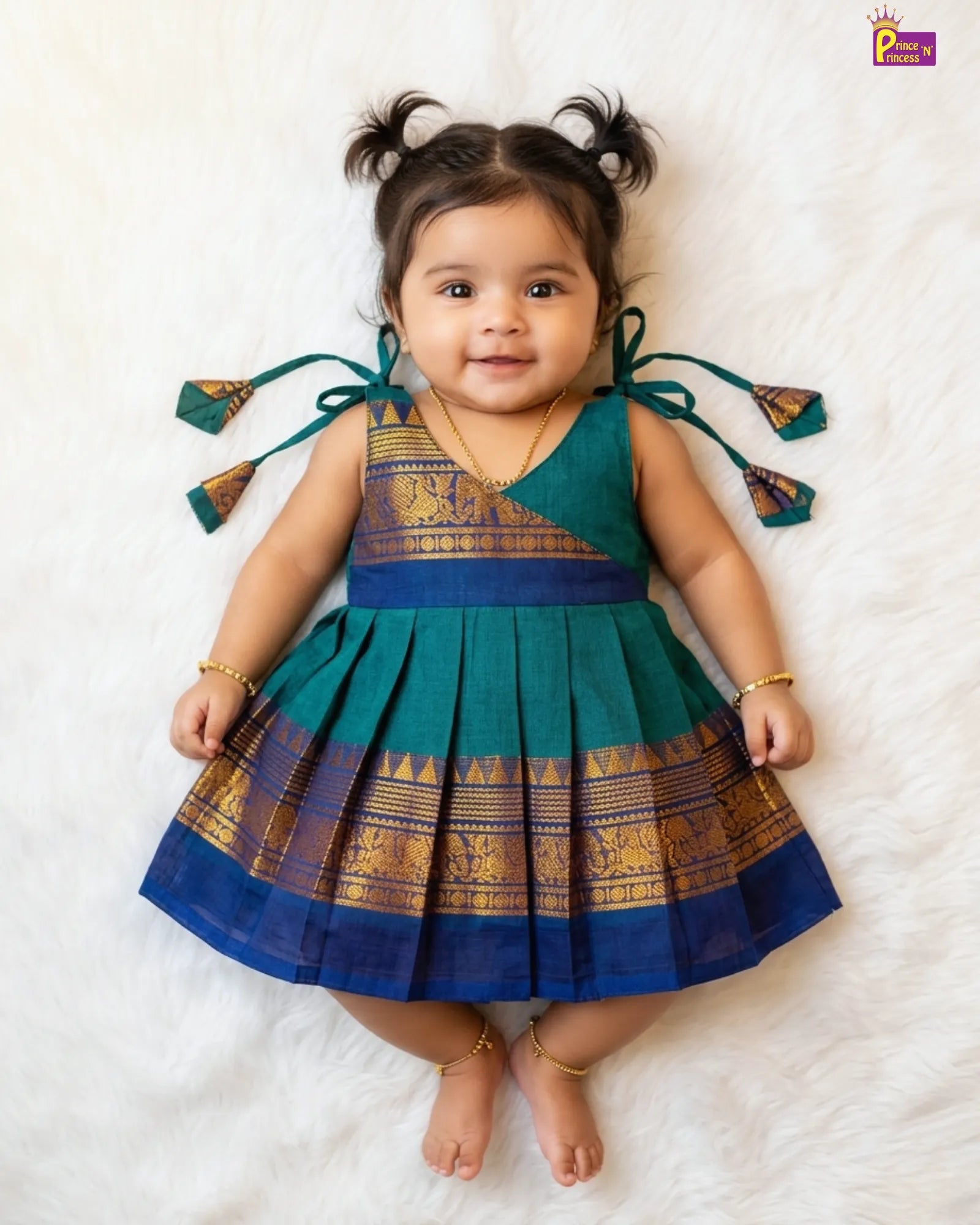 newborn green dress Newborn Green Chettinad Pattu Frock – Blue Border