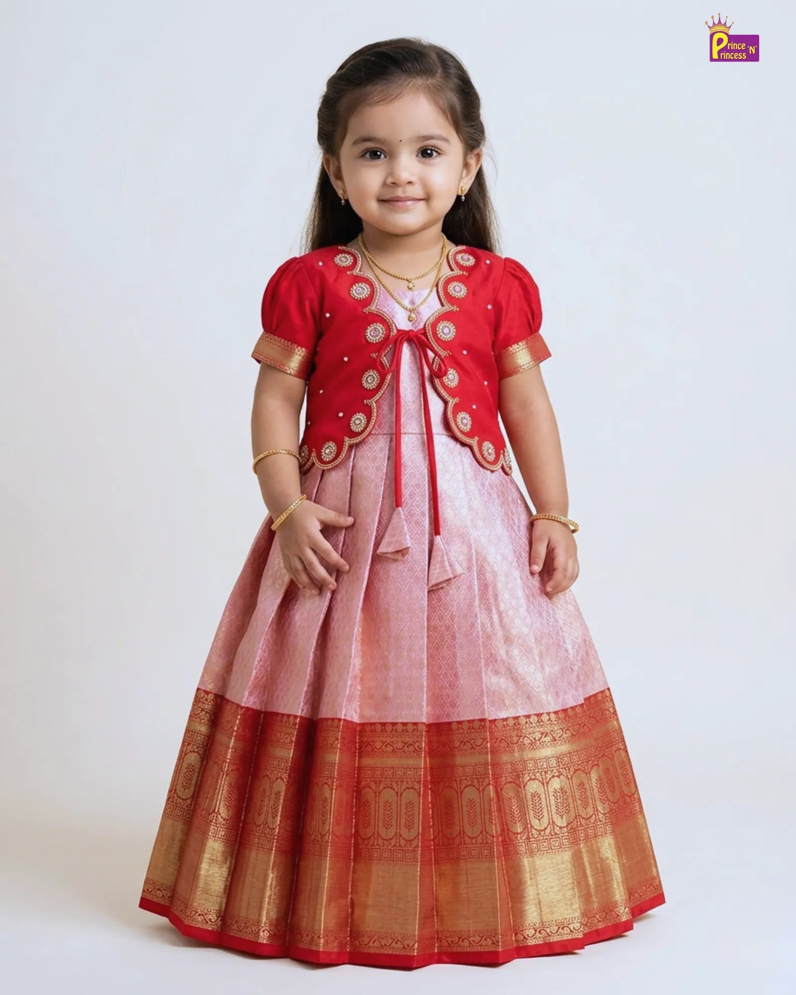 Red Rose Gold Banarasi Pattu Gown Coat Set