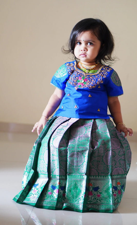 Kids Grand Blue With Green Embroidery Aari Work Pink Zari Pattu Pavadai PPP1182 Prince N Princess