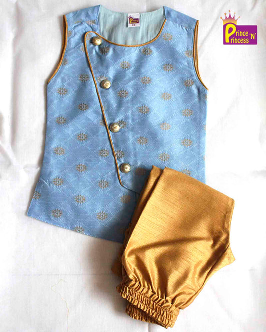 Toddler Boys Sky Blue Sleeveless Silk Kurta Sandal Pajama KP130 Prince N Princess