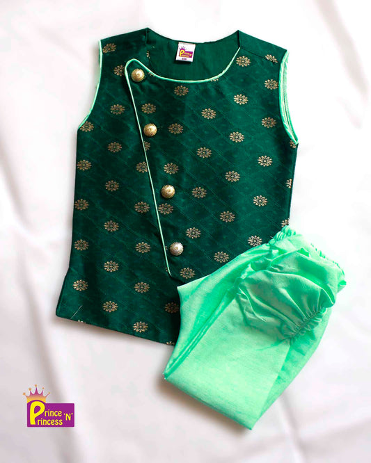 Toddler Boys Green Sleeveless Silk Kurta Pajama KP127 Prince N Princess