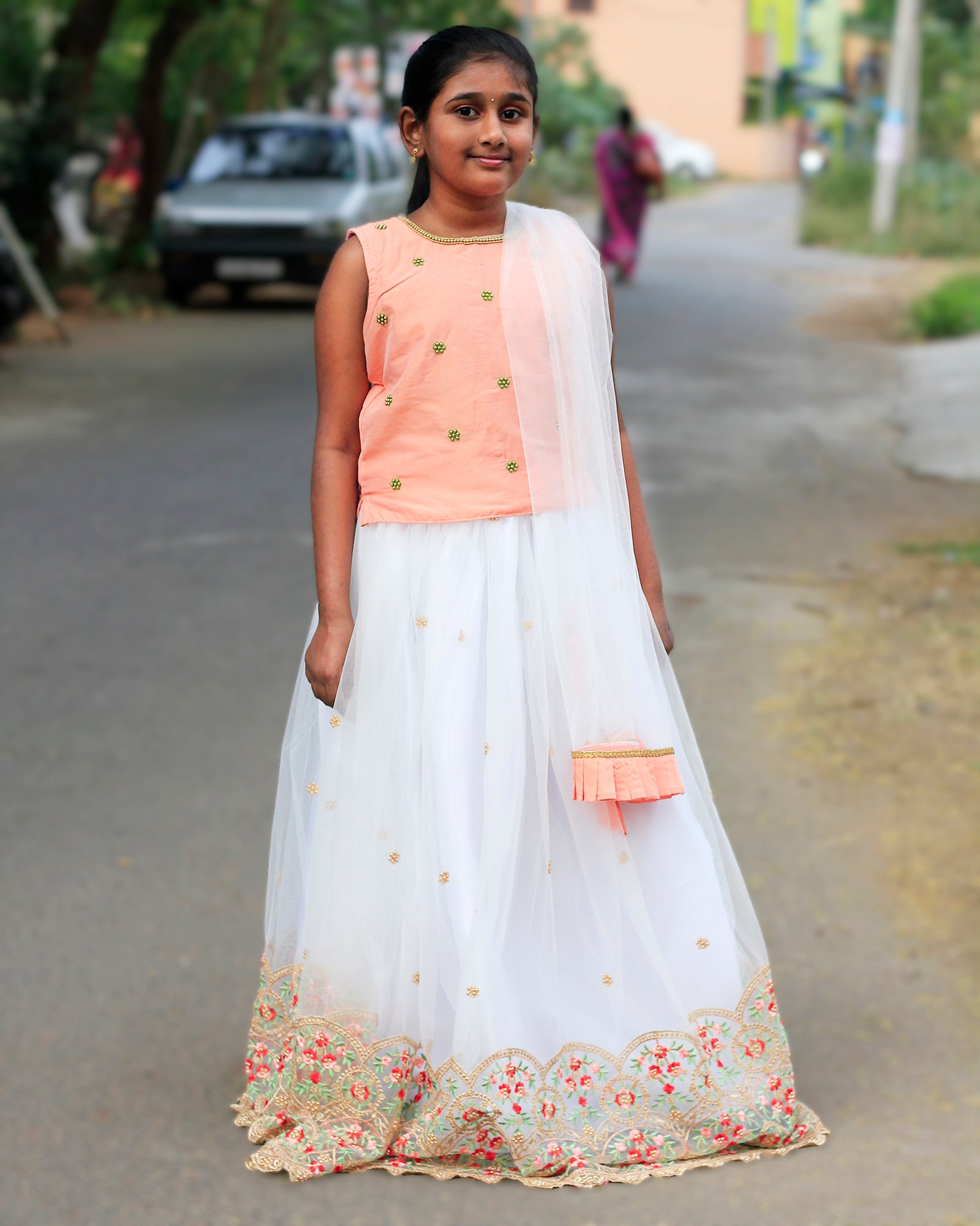 Kids Peach white Embroidery Border Lehenga Choli LC125