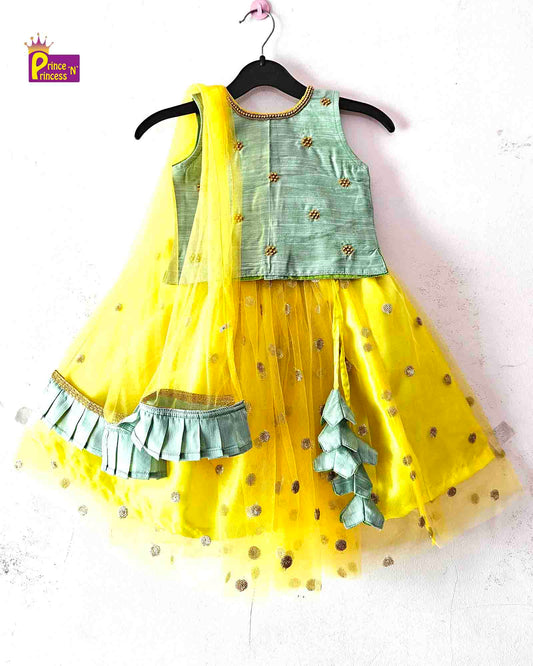 Kids Pista Green and yellow Aari Embroidery Lehenga Choli LC214