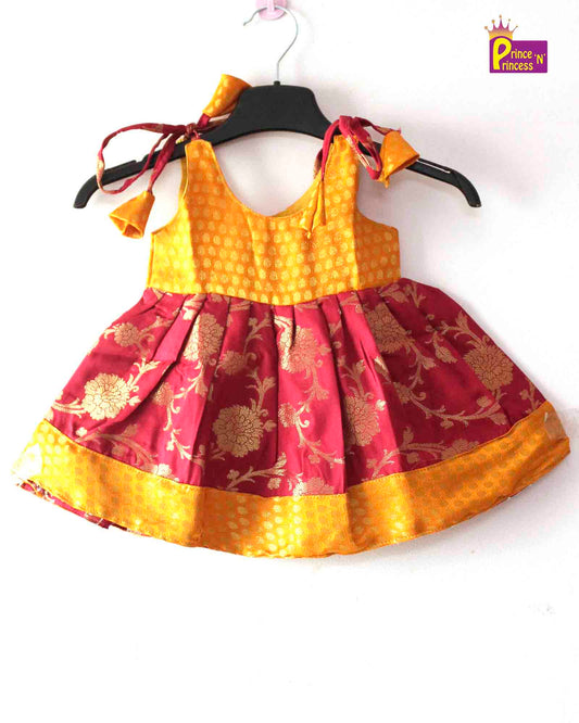 Toddlers Maroon Golden Silk Knot Type Frock LF445 Prince N Princess