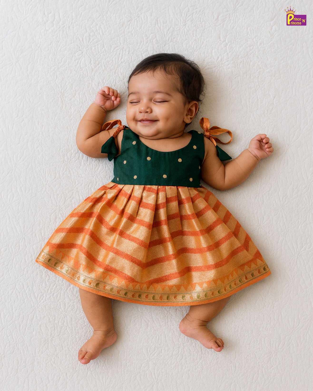 New Born Green Orange Raw Silk Frock - Prince N Princess New Born Green Orange Raw Silk Frock - Prince N Princess