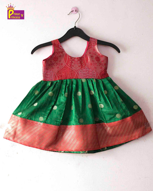 Toddlers Green Red Raw Silk Knot Type Frock LF543