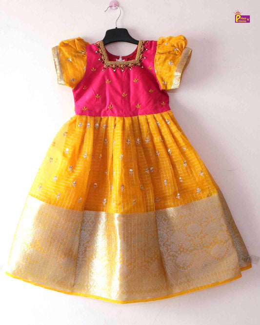 Kids Pink Yellow Organza AARI Ethnic Party Gown PG367 Prince N Princess