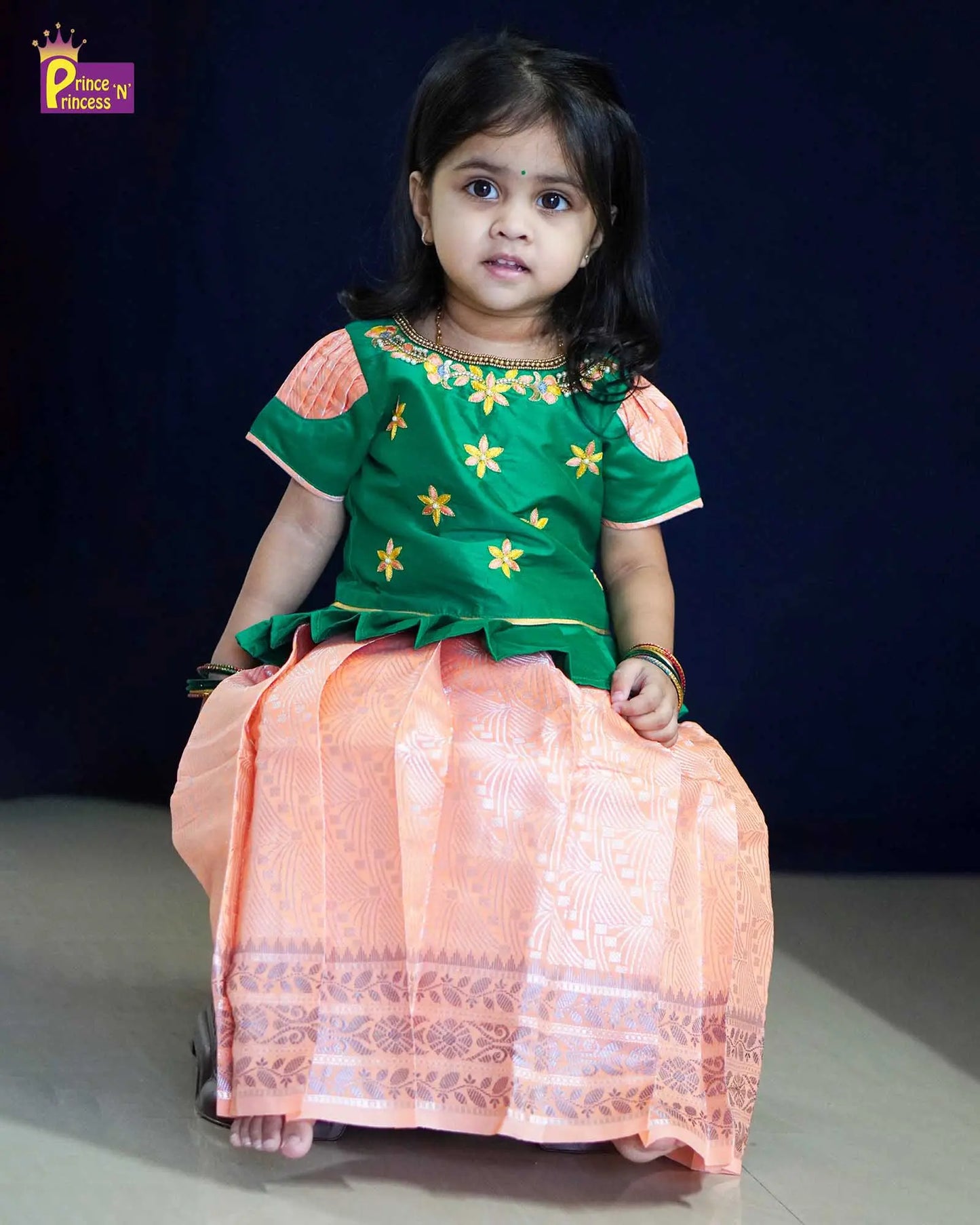 Kids Green Peach Aari Work Traditional Pattu Pavadai PPP1177 Prince N Princess
