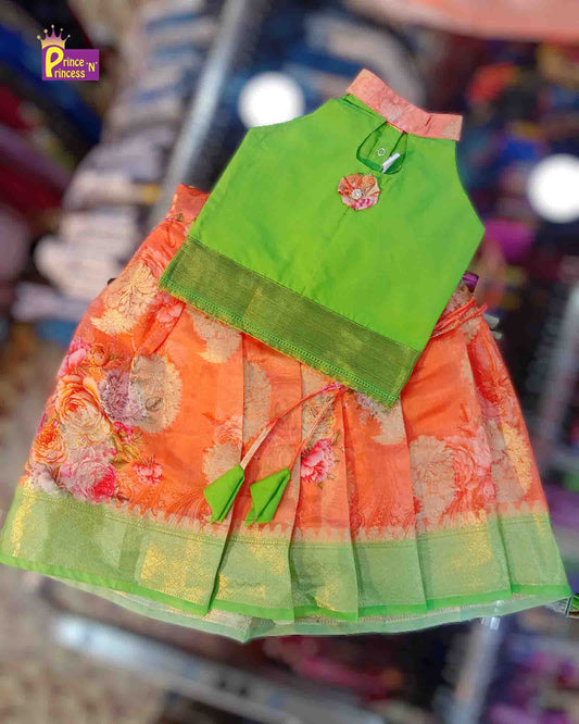 Kids Green PeachHalter Neck with Banarasi Digital Print Pattu pavadai PPP1282 Prince N Princess