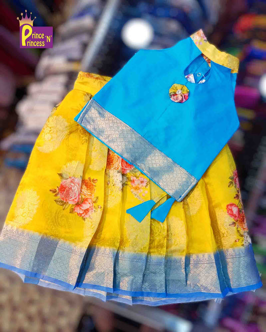 Kids Blue Yellow Halter Neck with Banarasi Digital Print Pattu pavadai PPP1283 Prince N Princess