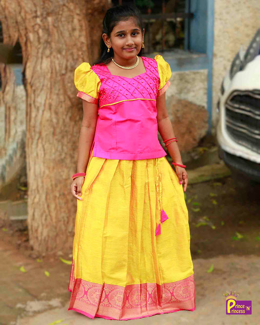 Rani Pink And Yellow Traditional Pattu Pavadai PPP974 Prince N Princess