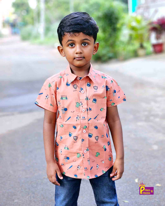 Kids Cotton Printed Orange half Sleeve shirt ST148 Prince N Princess