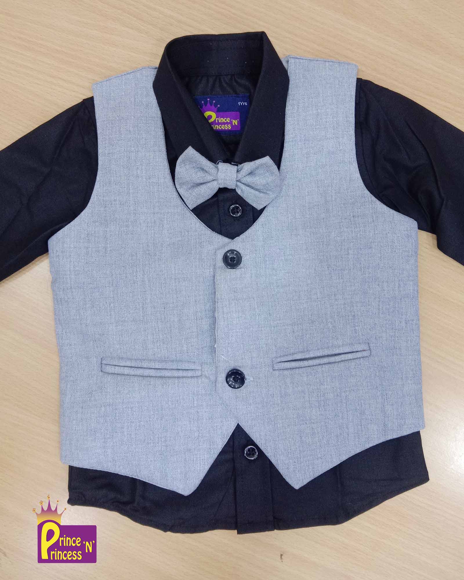 Boys Silver ash Overcoat, Black shirt With Bow And Pant KB001-1 Prince N Princess