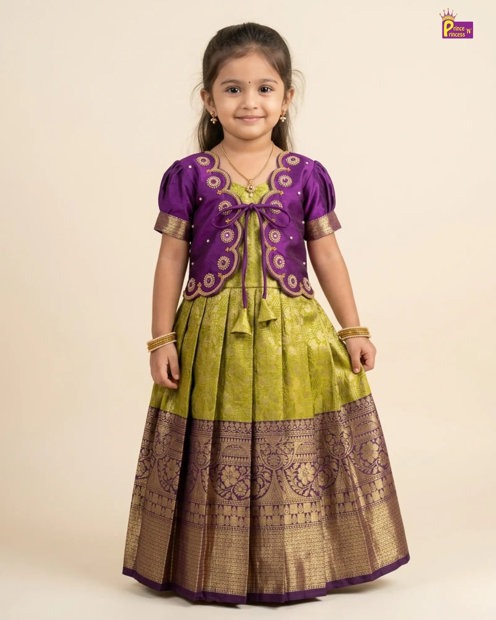 Purple & Lime Green Banarasi Pattu Gown Coat Set | Prince N Princess 11Y Purple & Lime Green Banarasi Pattu Gown Coat Set | Prince N Princess 11Y