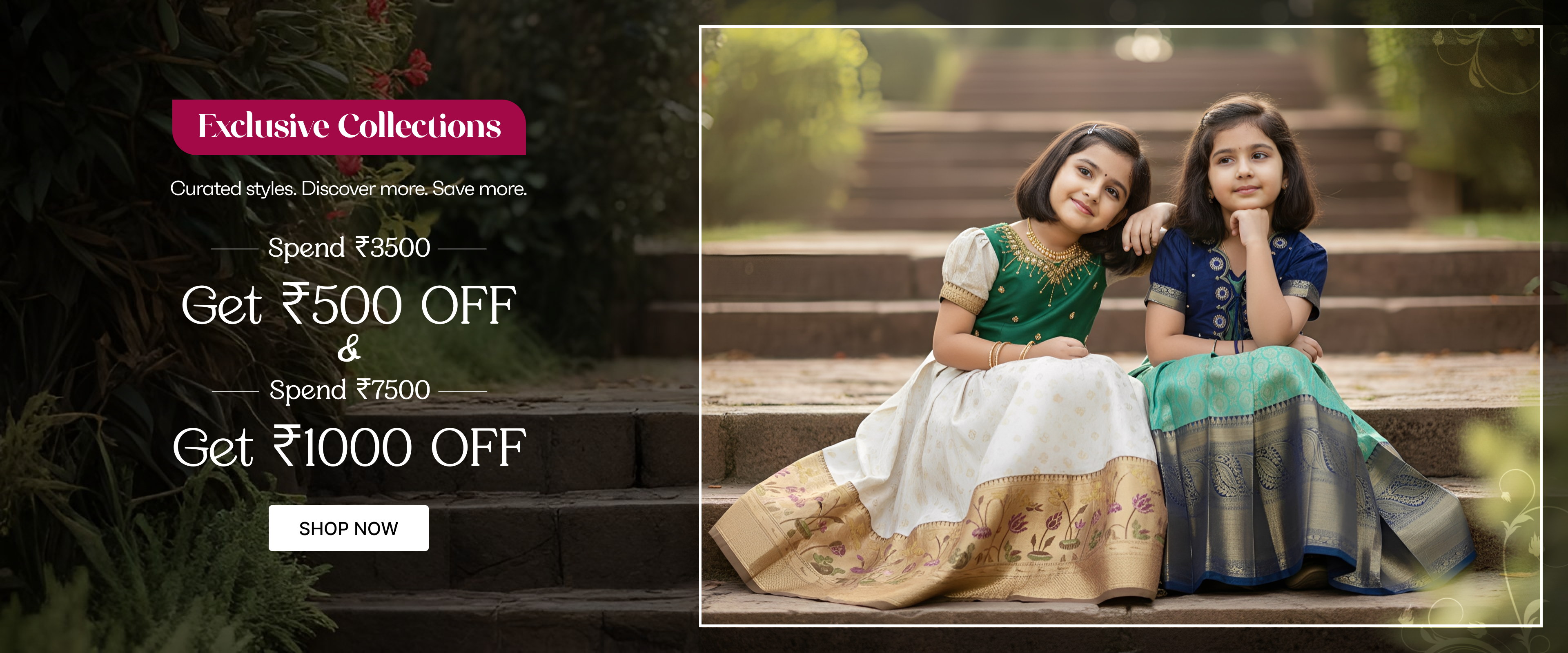 Two children in traditional outfits sitting on steps with promotional text overlay.