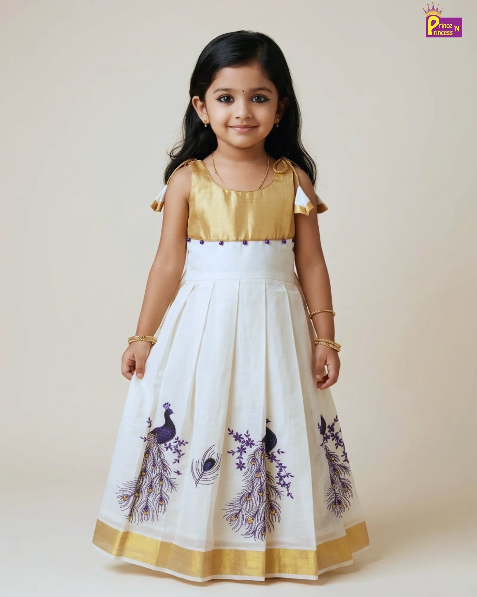 Kerala Kasavu with Golden Long Gown for Girls – Prince N Princess