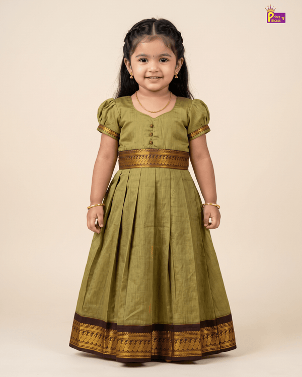 Girls Olive Green Kalyani Cotton Traditional Gown with Zari Border PG744 for kids festival wear