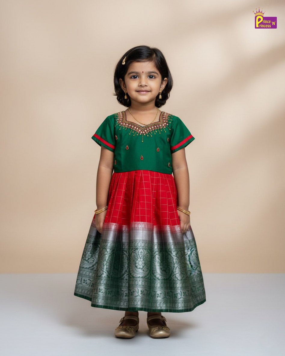 Kids Green Red Organza Aari Party Gown | Ethnic Prince N Princess Kids Green Red Organza Aari Party Gown | Ethnic Prince N Princess