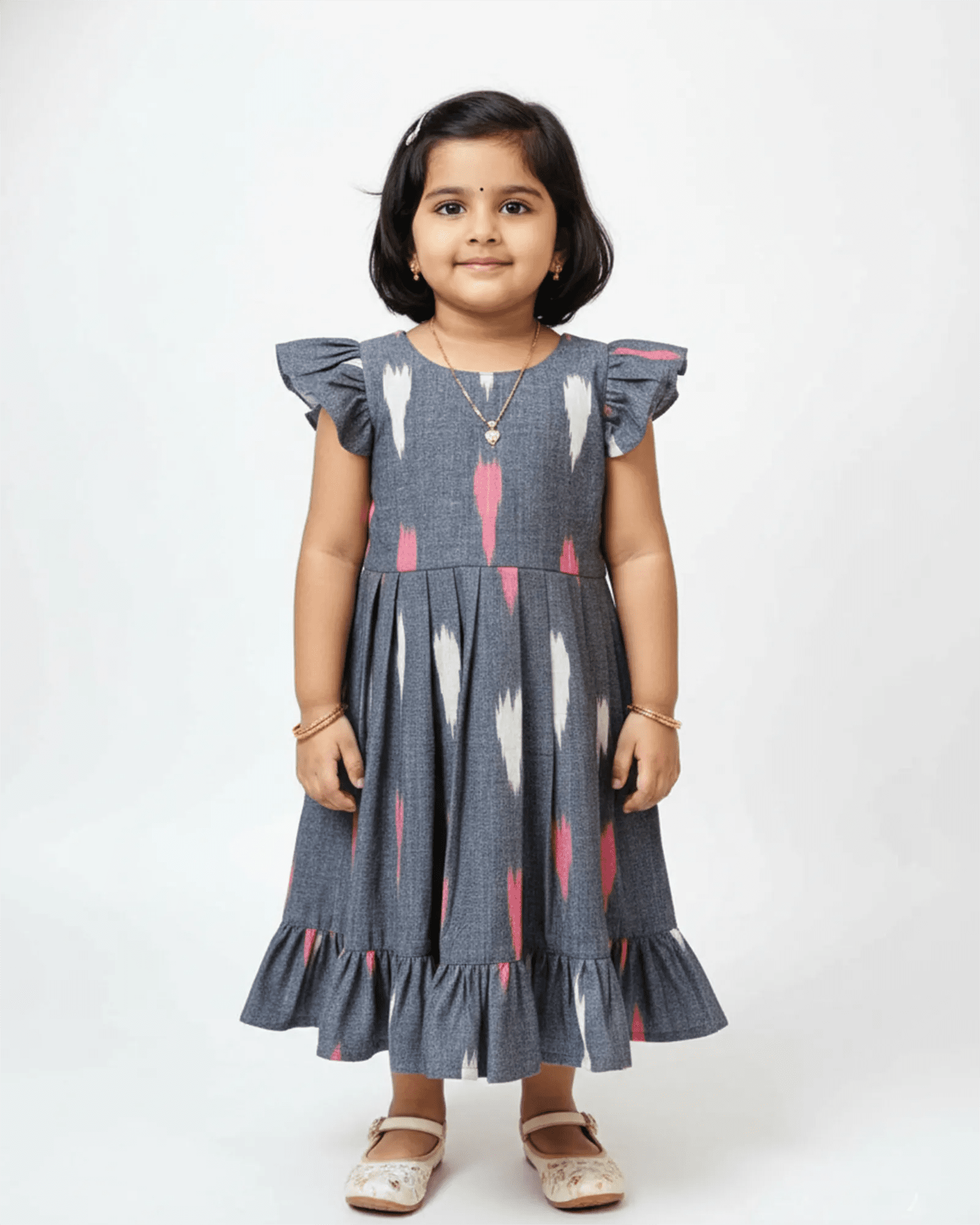 Kids Grey Ikkat Cotton Frock CF389