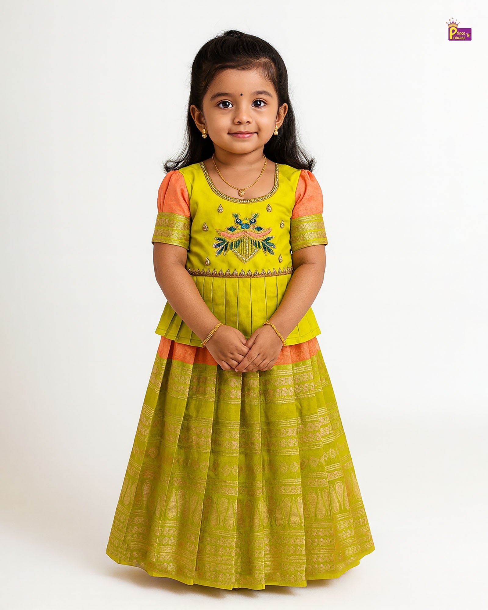 strapless open back dress Kids Peach Blue Traditional AARI Work Pattu Pavadai PPP1800
