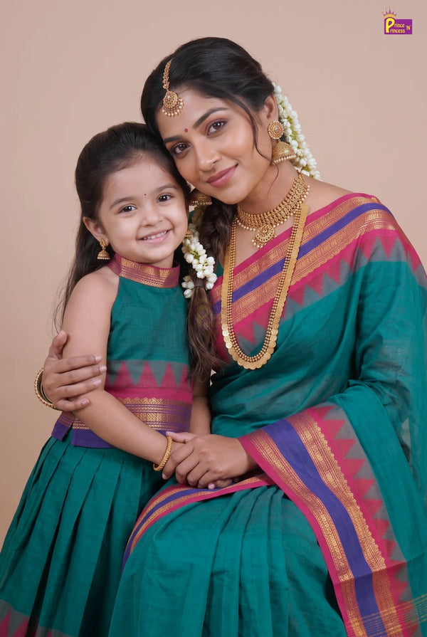 Mother & Daughter Chettinad Cotton Saree Combo | Pure Handloom Teal with Baby Outfit (Read Description) - MDC002 for kids festival wear