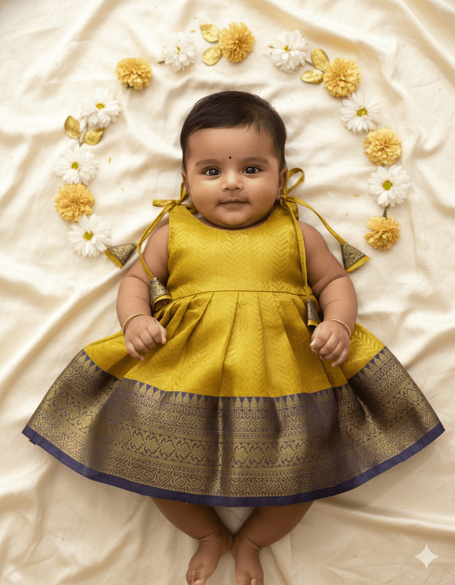 Silk Pattu Frock For Baby Girl Newborn Tissue Silk Pattu Frock Gold Traditional Pattu Dress Silk Pattu Frock For Baby Girl Newborn Tissue Silk Pattu Frock Gold Traditional Pattu Dress