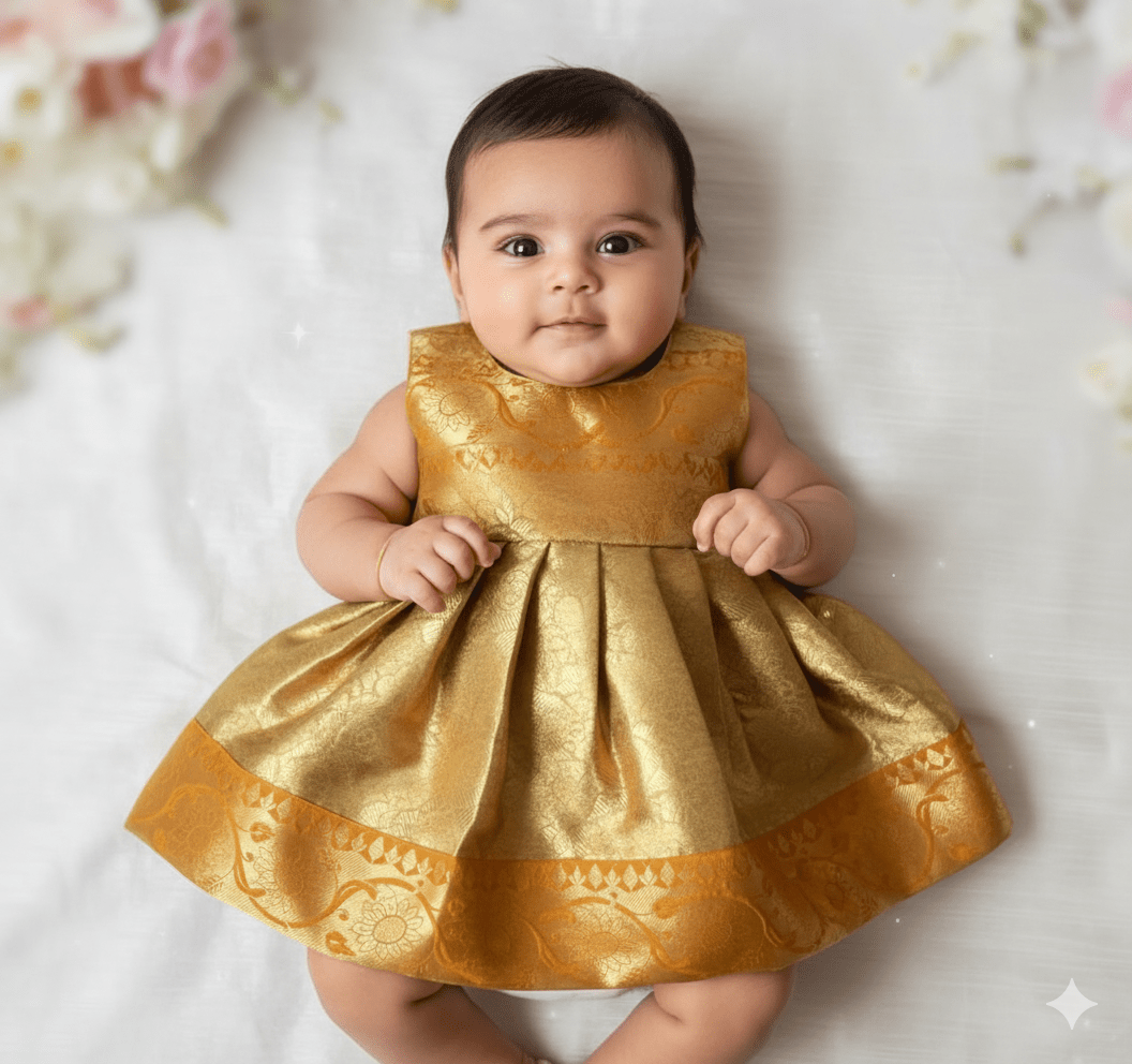 New Born Mango Yellow with Golden Banarasi Silk Frock LF1606 - Prince N Princess Baby Girl (0-1 Yrs) S (0-2M) New Born Mango Yellow with Golden Banarasi Silk Frock LF1606 - Prince N Princess Baby Girl (0-1 Yrs) S (0-2M)