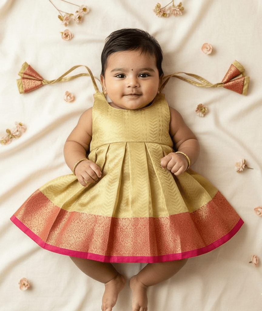 New Born Pink with Gold Banarasi Silk Knot Type Frock LF1666 - Prince N Princess Baby Girl (0-1 Yrs) 3Y New Born Pink with Gold Banarasi Silk Knot Type Frock LF1666 - Prince N Princess Baby Girl (0-1 Yrs) 3Y