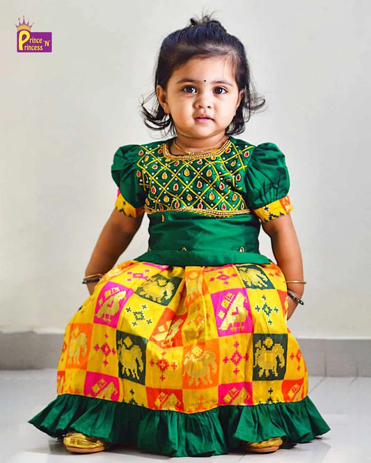 Kids Green With Yellow  Multi Colour Heavy AARI Work Traditional Pattu Pavadai PPP931 Prince N Princess