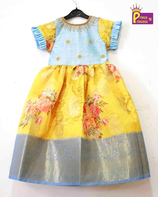 Yellow Blue Digital Satin AARI Ethnic Party Gown PG276