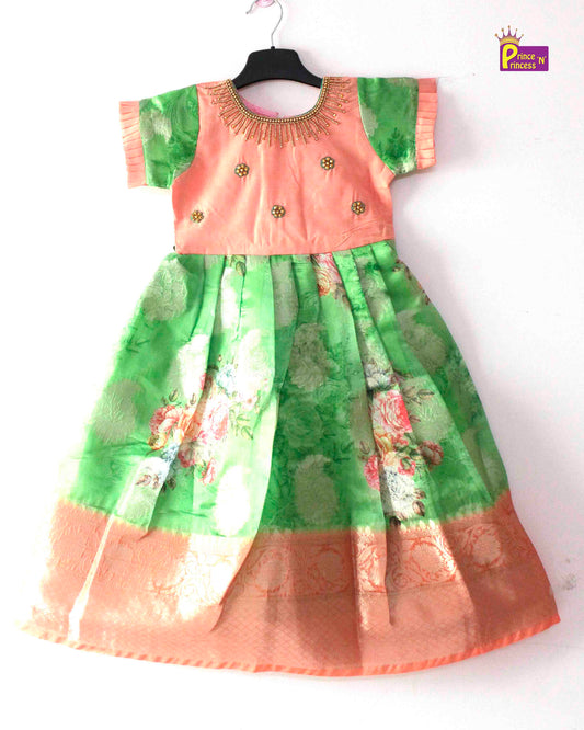 Peach Green Digital Satin AARI Ethnic Party Gown PG352 Prince N Princess
