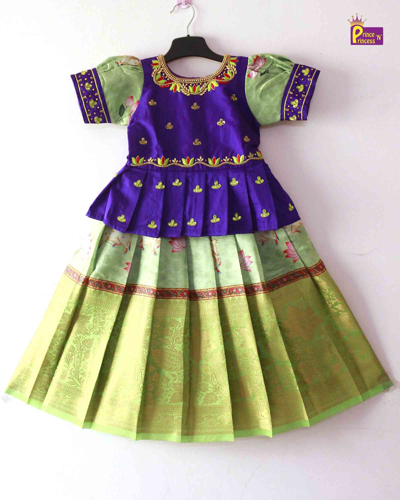 Prince N Princess Violet Pista Green Banarasi Silk AARI Work pattu Pavadai PPP1244 Prince N Princess