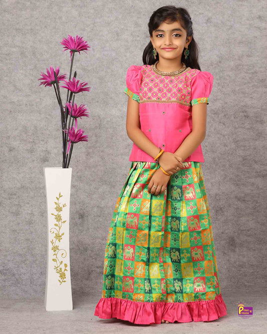 Kids Pink Green Multi Colour Heavy AARI Work Traditional Pattu Pavadai  PPP1013 Prince N Princess