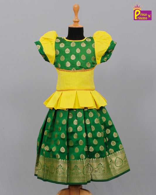 Kids Yellow And Green Traditional Pattu Pavadai  PPP1047 Prince N Princess