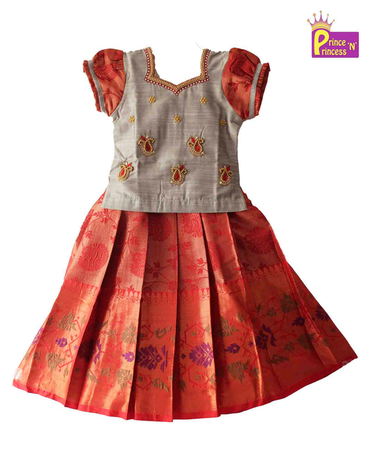 Kids Grand Grey Red Embroidery Aari Work Pattu Pavadai PPP1148 Prince N Princess