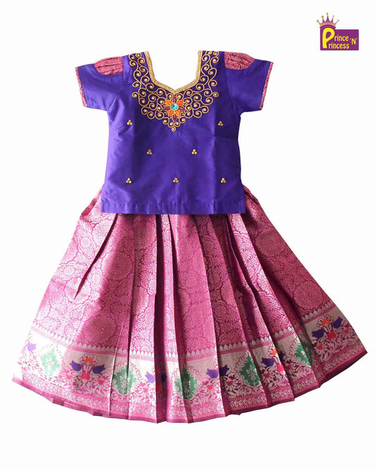 Kids Grand Blue Embroidery Aari Work Pink Zari Pattu Pavadai  PPP1181 Prince N Princess