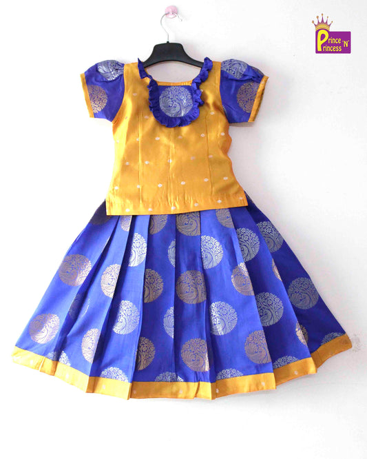 Kids Blue Golden Grand Banarasi Silver Jari Pattu Pavadai PPP1230 Prince N Princess