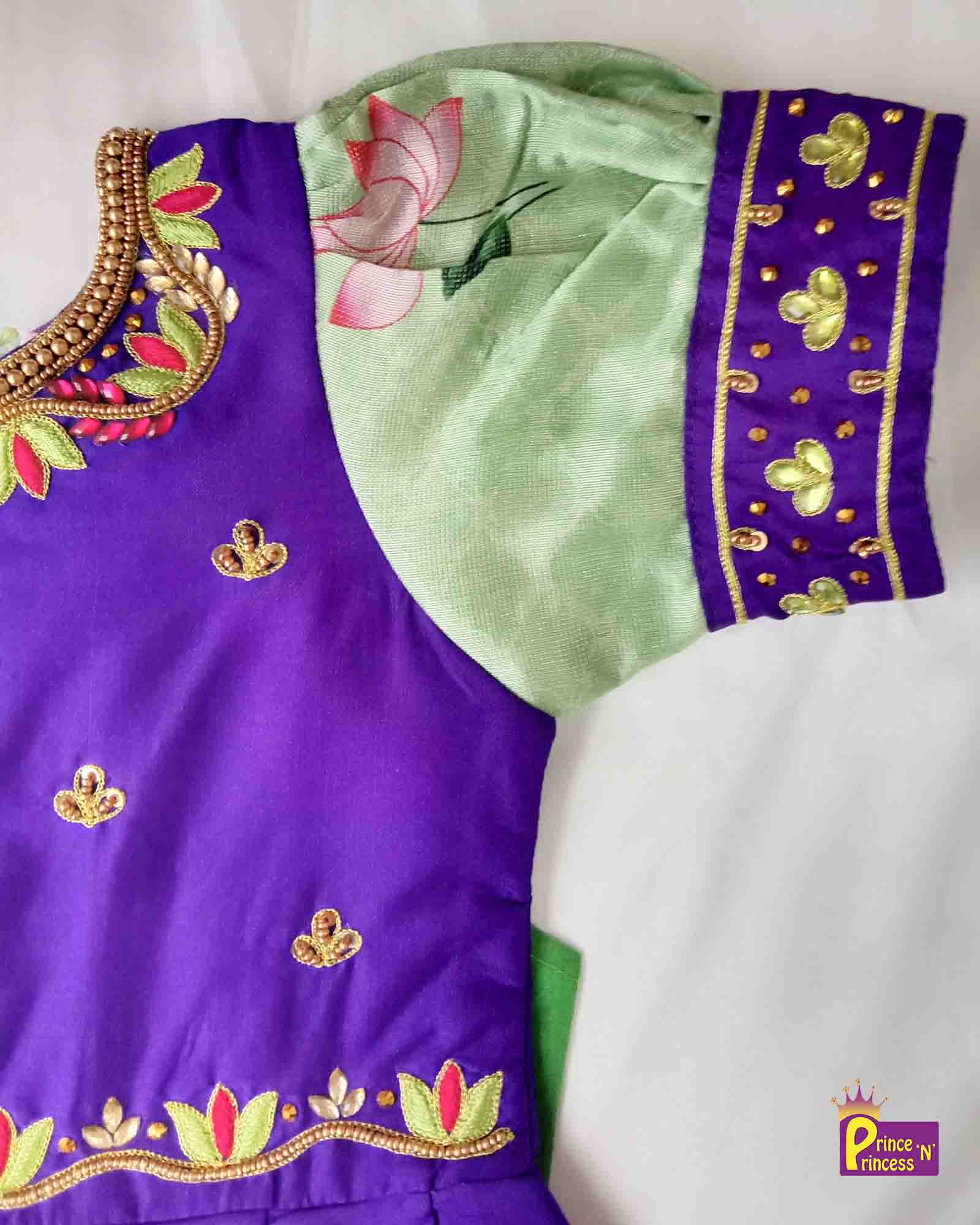Prince N Princess Violet Pista Green Banarasi Silk AARI Work pattu Pavadai PPP1244 Prince N Princess