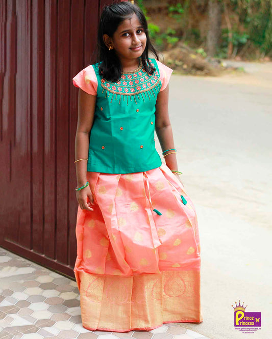 Kids Rama Green Top With Peach Skirt AARI Work Designer Pattu Pavadai PPP944 Prince N Princess