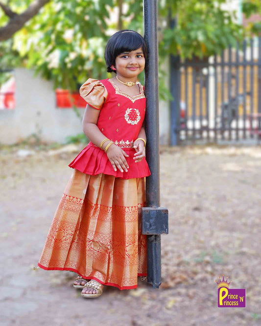 Kids Red Top With AARI Work Tissue Designer Pattu Pavadai PPP979 Prince N Princess
