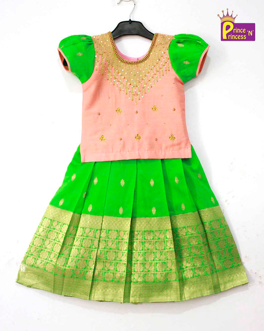 Kids Peach Green Embroidery Aari Work Pattu Pavadai  PPP981 Prince N Princess
