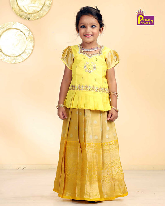 Kids yellow Top With AARI Work Tissue Designer Pattu Pavadai  PPP990 Prince N Princess