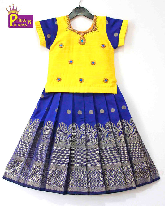 Kids Yellow With Blue Embroidery Aari Work Pattu Pavadai PPP992 Prince N Princess