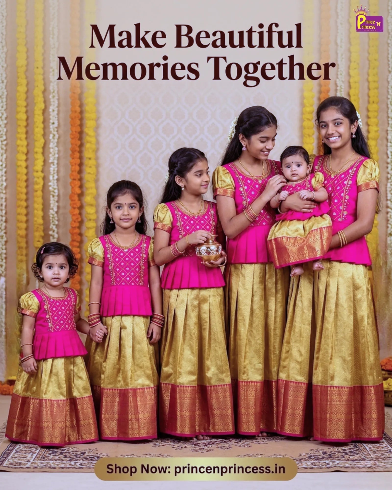 Bright pink and gold pattu pavadai for girls with traditional silk skirt and zari border perfect for birthday celebration ethnic wear for kids.