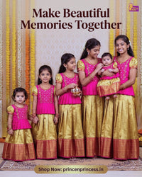 Bright pink and gold pattu pavadai for girls with traditional silk skirt and zari border perfect for birthday celebration ethnic wear for kids.