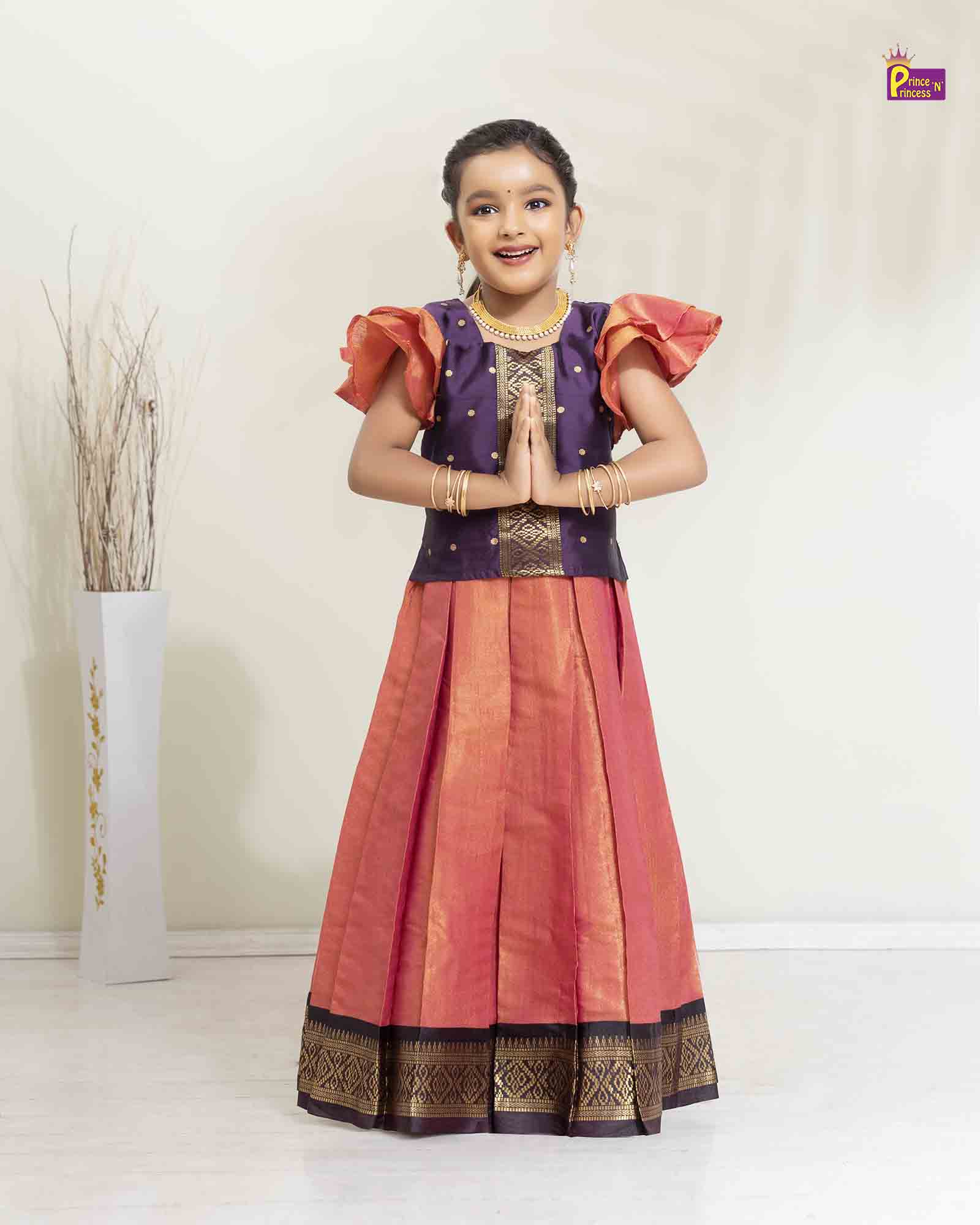 Attractive Colors Bead & Zari Work Pattu Pavadai|Kids Wear-Diademstore.com