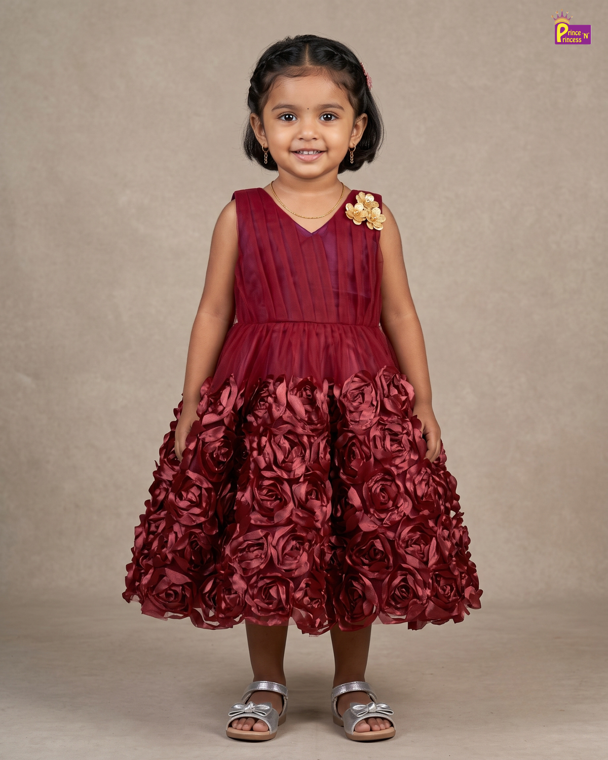 Girls Maroon Rosette Tulle Dress - Party & Birthday Wear BG176