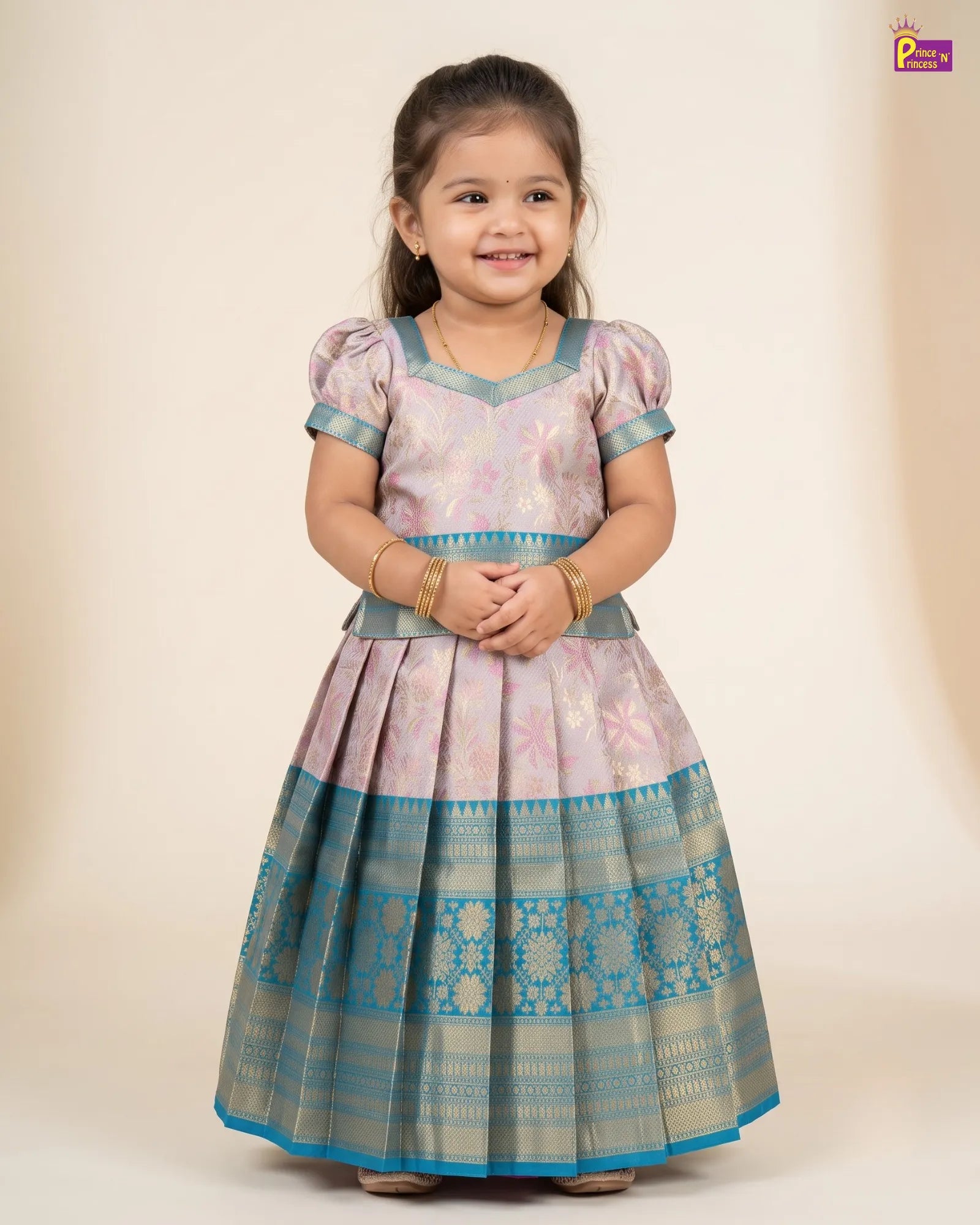 Lavender Blue Pattu Pavadai for Girls - Floral Zari Design PPP1873