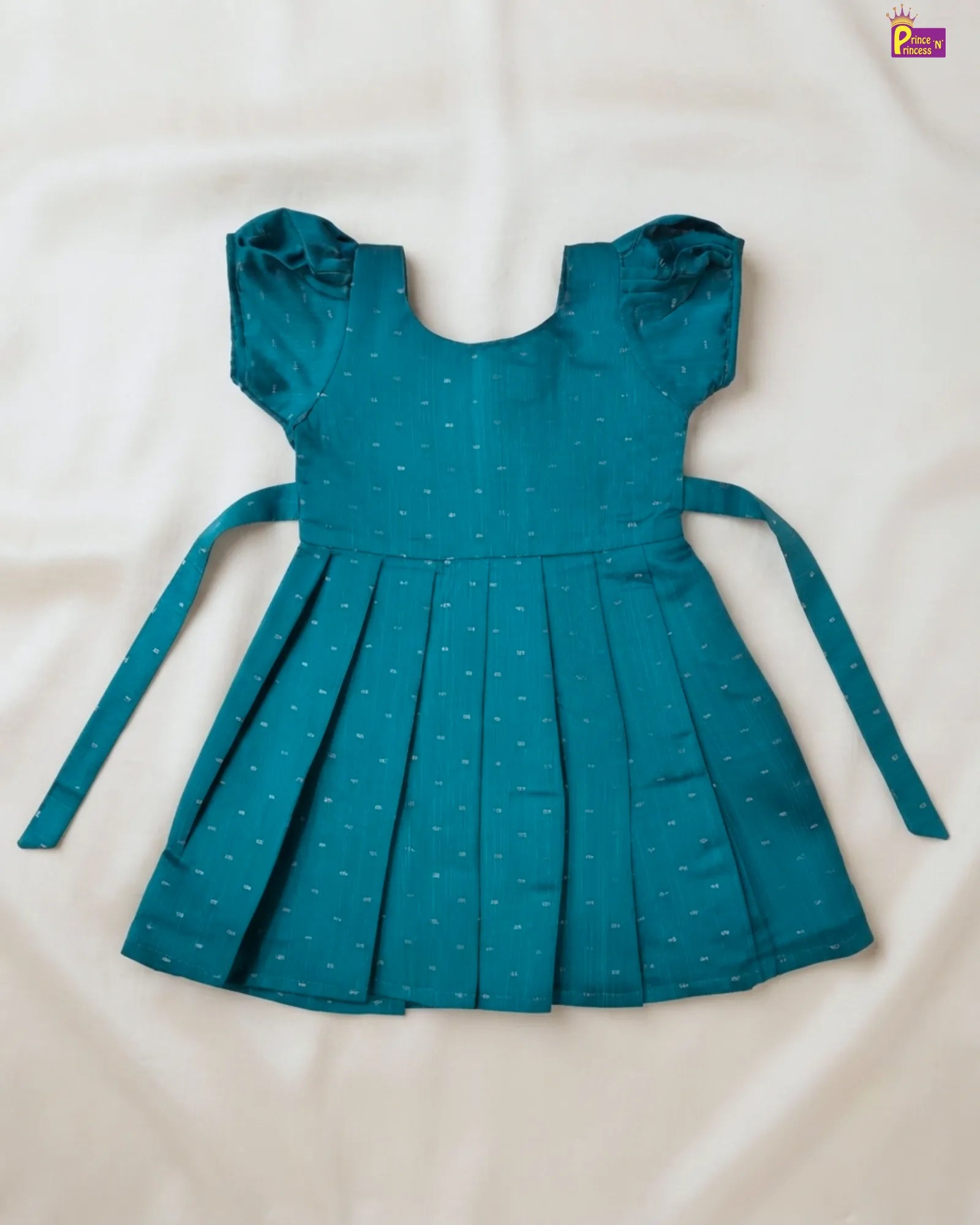 Teal Green Dobby Cotton Frock for Girls | Square Neck Puff Sleeve Dress CF438