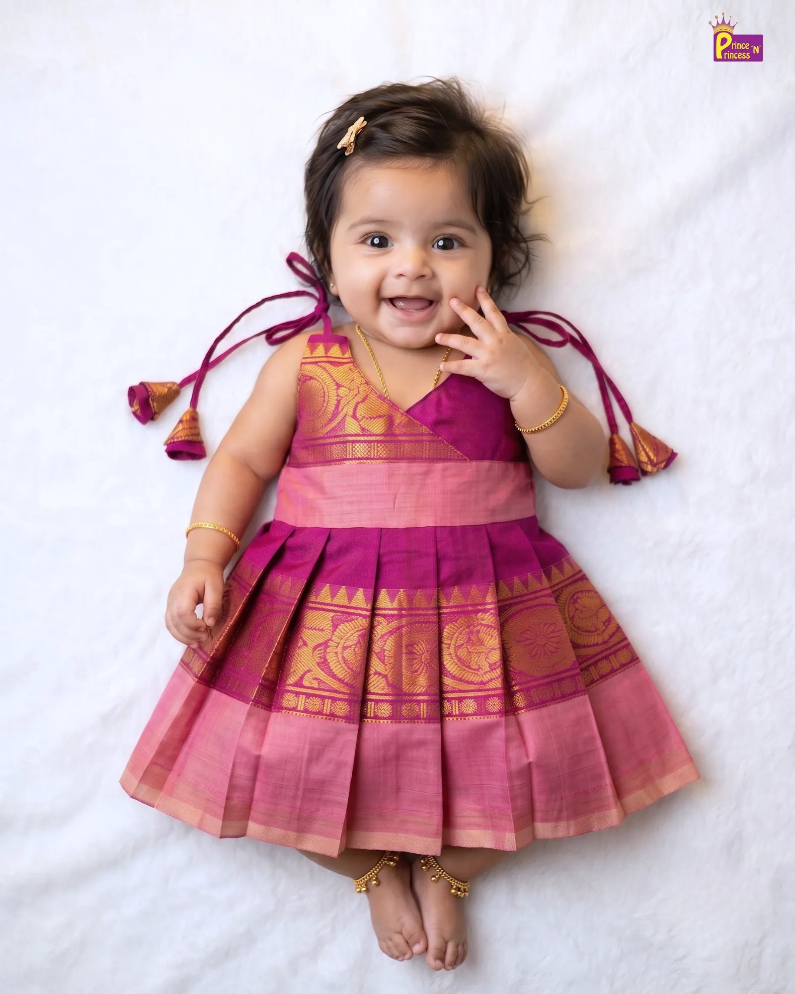Magenta Rose Pink Chettinad Cotton Pattu Frock + Hairband | Baby Girl Traditional Frock LF2040